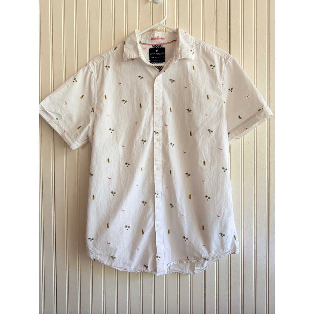 Denim & Flower Tropical Flamingo Cotton Button Down Size M Vacation Lightweight